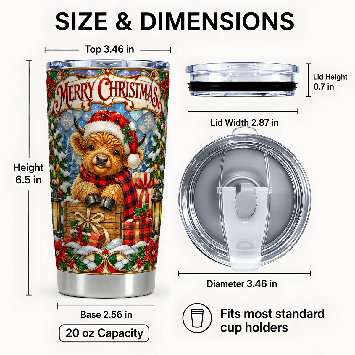 #pl[20oz|Steel] Merry Christmas Cow Tumbler 20oz, Farm Holiday Stainless Steel Travel Cup