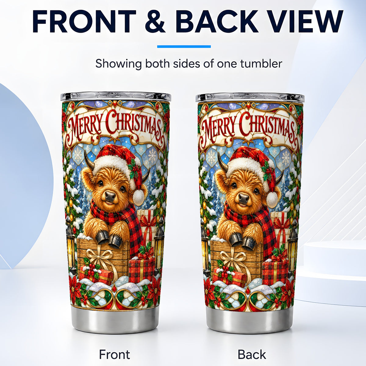 #pl[20oz|Steel] Merry Christmas Cow Tumbler 20oz, Farm Holiday Stainless Steel Travel Cup