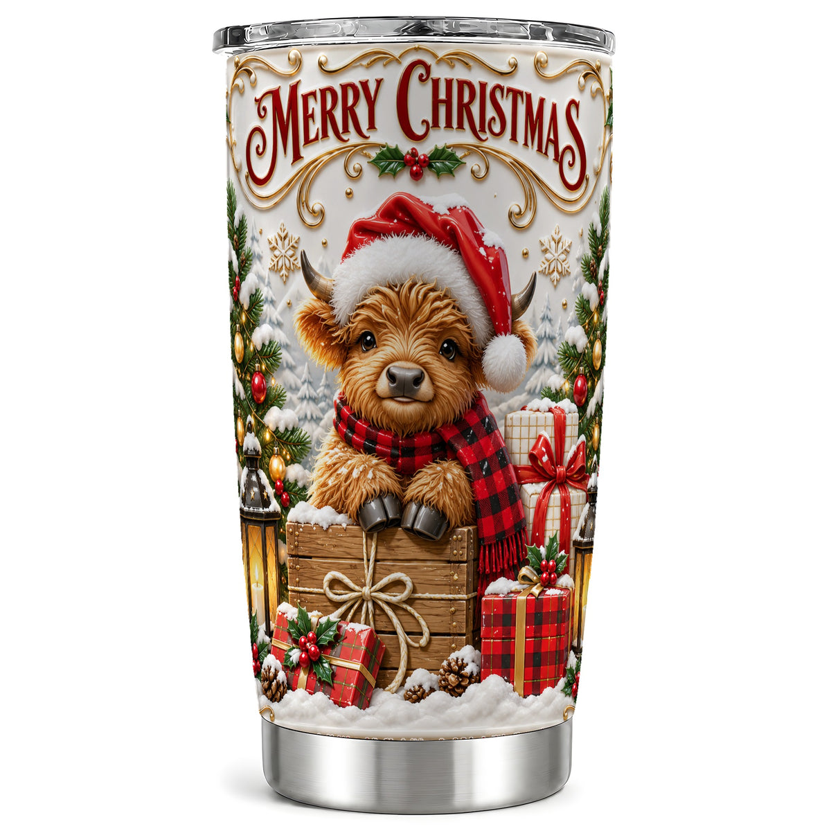 #pl[20oz|Steel] Merry Christmas Cow Tumbler 20oz, Cozy Winter Stainless Steel Travel Cup