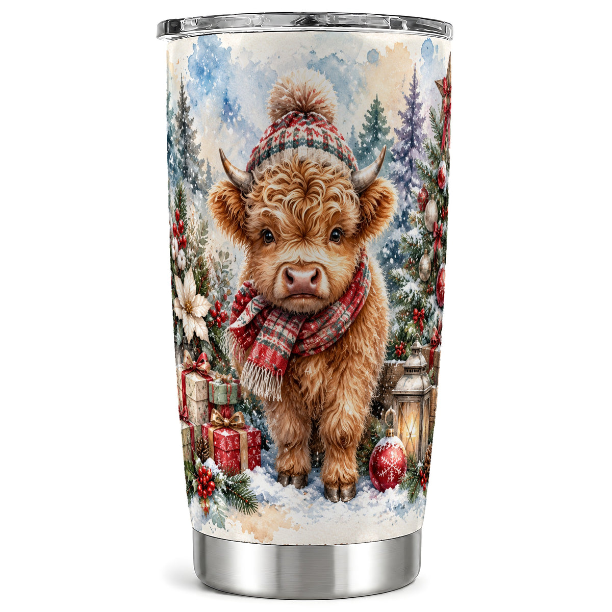 #pl[20oz|Steel] Christmas Highland Cow Tumbler 20oz, Winter Steel Travel Cup