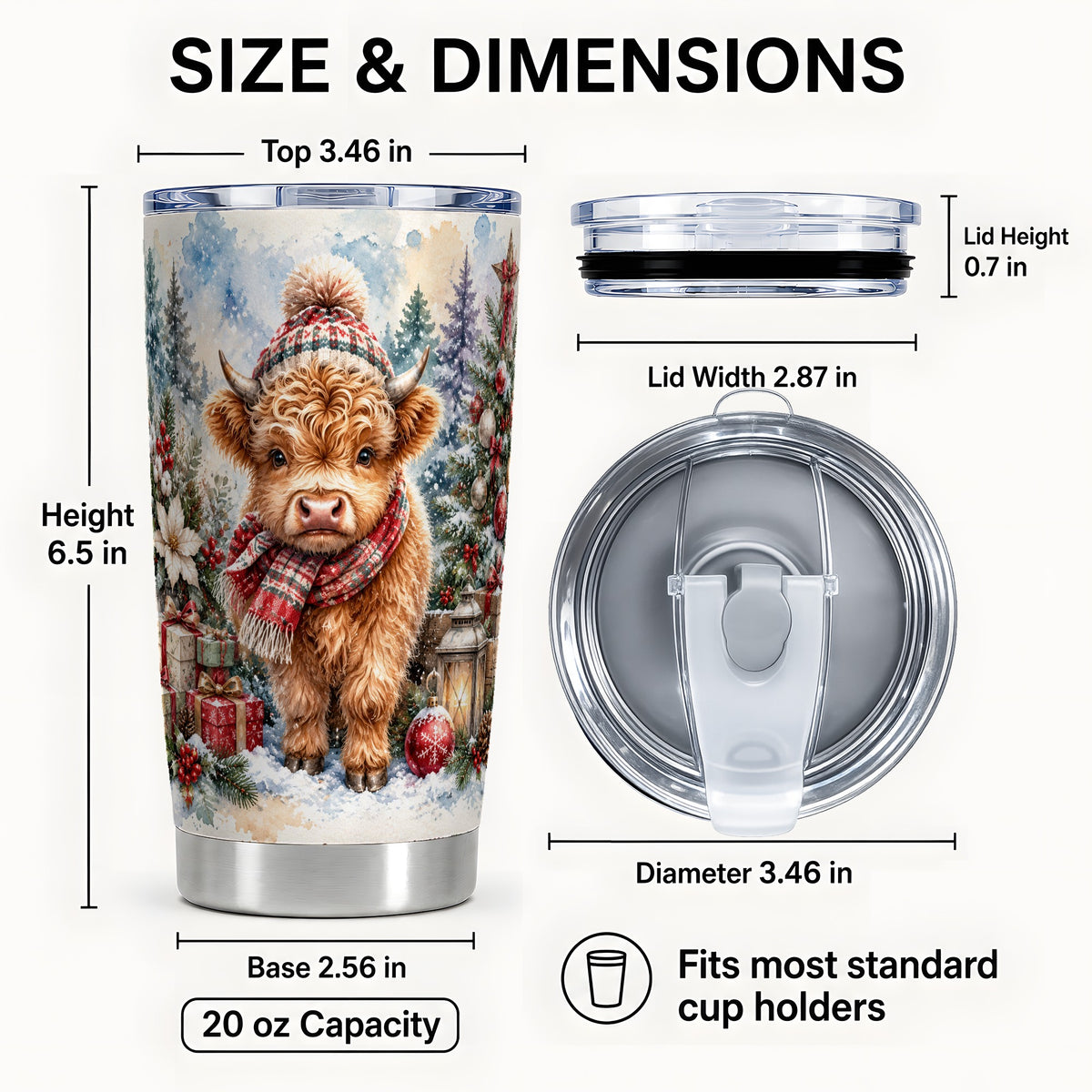 #pl[20oz|Steel] Christmas Highland Cow Tumbler 20oz, Winter Steel Travel Cup