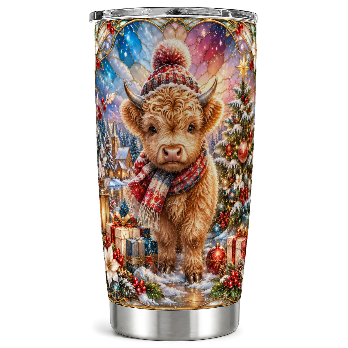 #pl[20oz|Steel] Stained Glass Cow Tumbler 20oz, Christmas Highland Steel Travel Cup