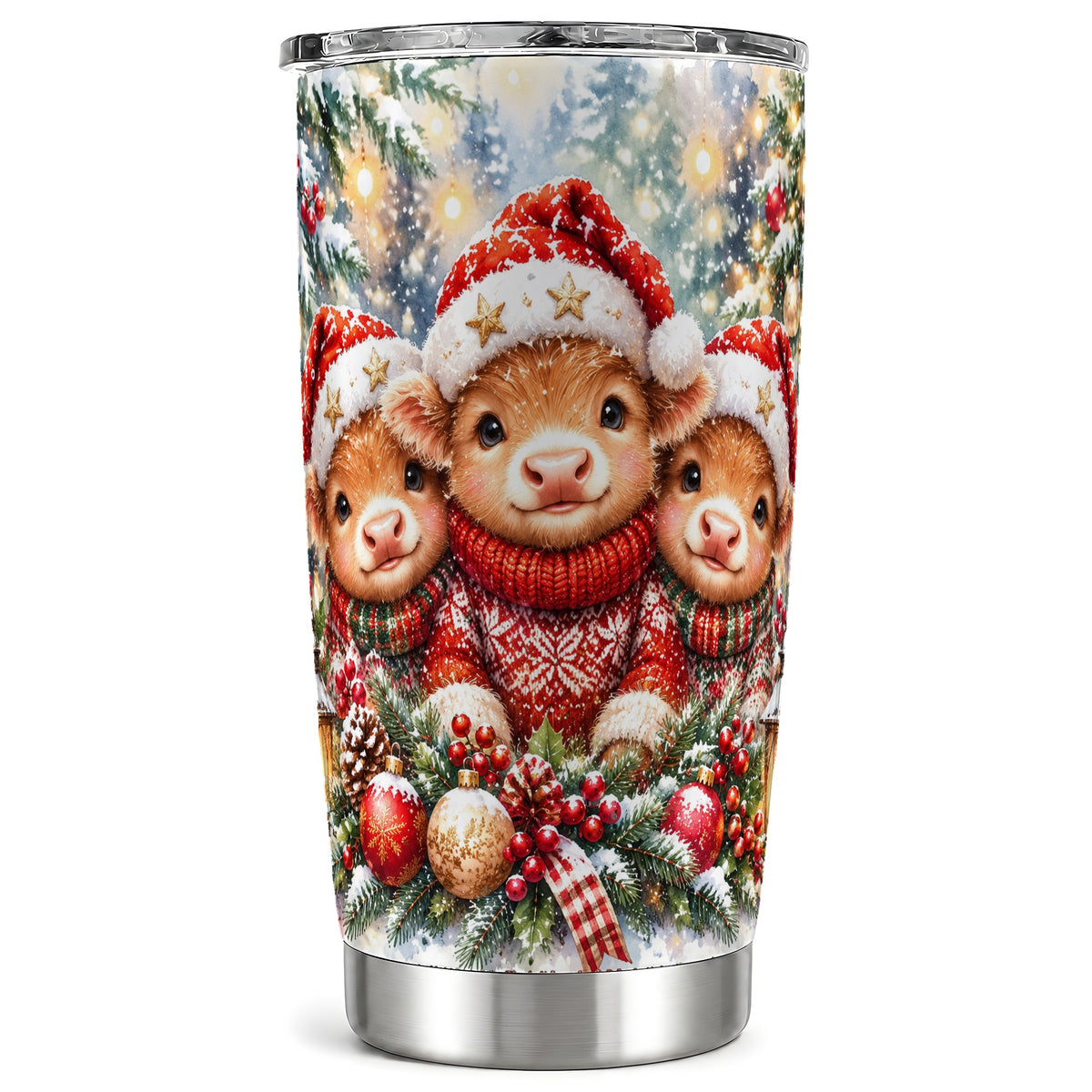 #pl[20oz|Steel] Christmas Cow Trio Tumbler 20oz, Festive Calf Steel Travel Cup