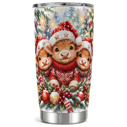 #pl[20oz|Steel] Christmas Cow Trio Tumbler 20oz, Festive Calf Steel Travel Cup
