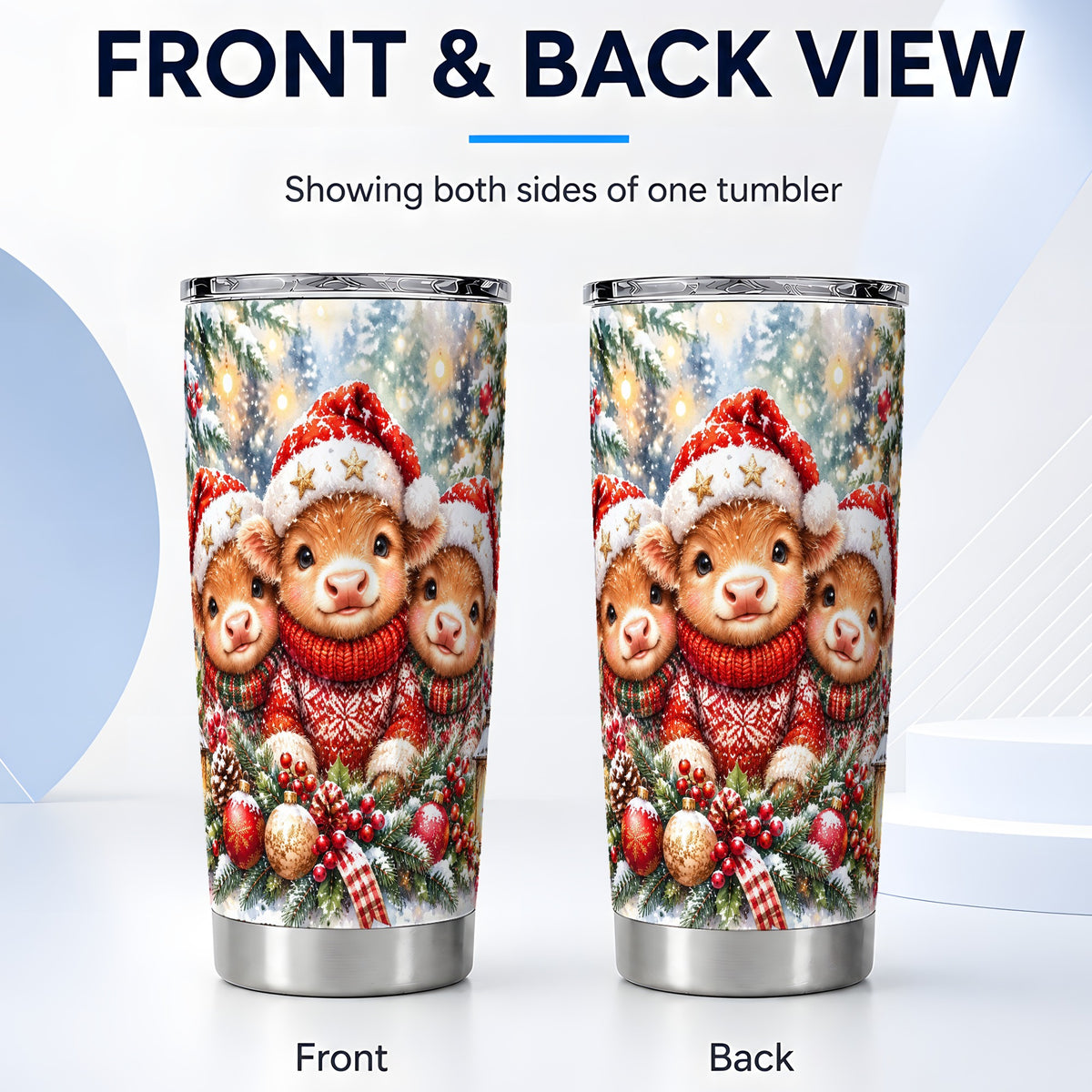 #pl[20oz|Steel] Christmas Cow Trio Tumbler 20oz, Festive Calf Steel Travel Cup