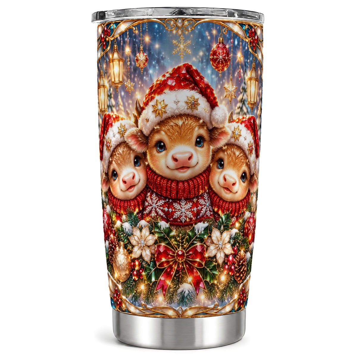 #pl[20oz|Steel] Christmas Cow Trio Tumbler 20oz, Glass Style Steel Travel Cup