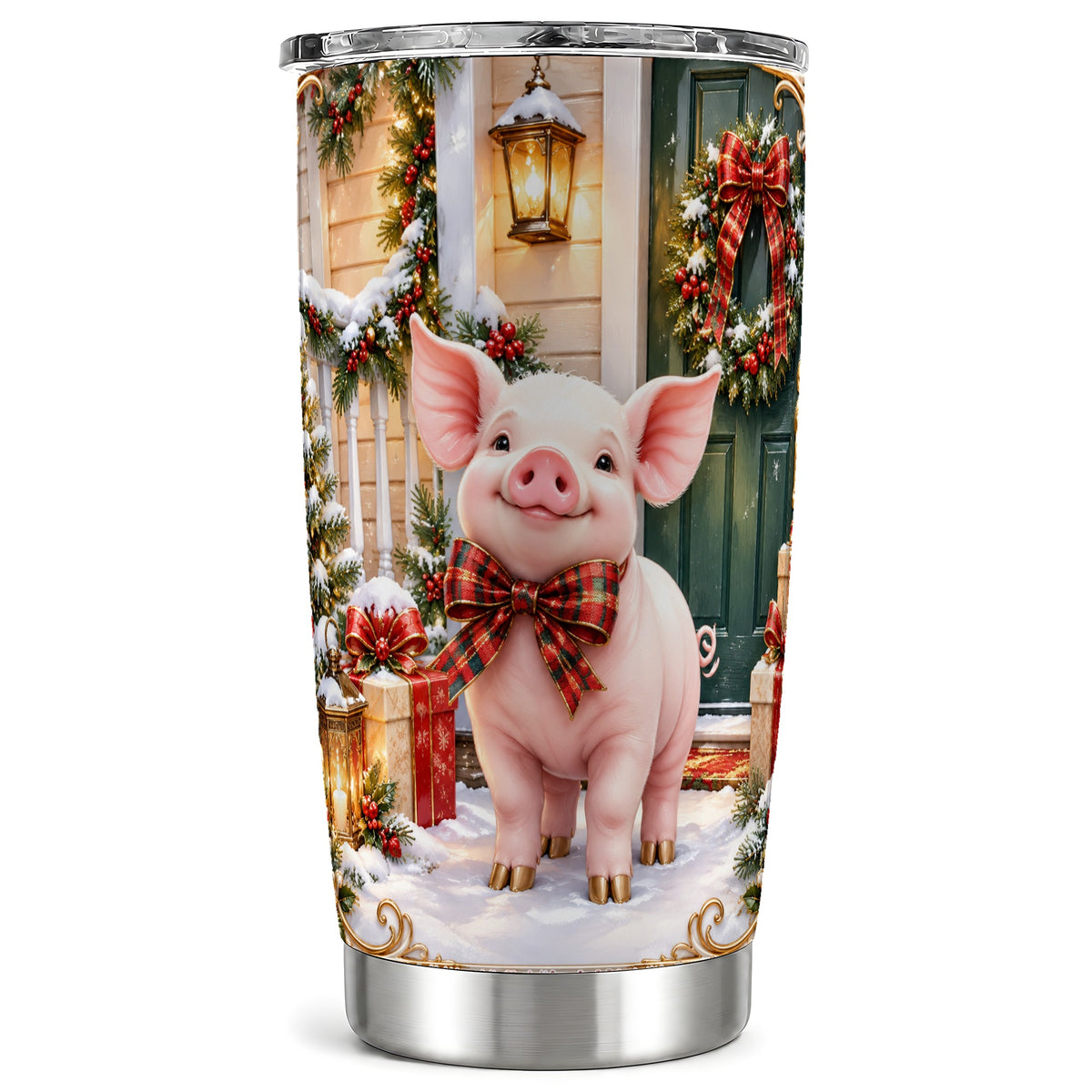 #pl[20oz|Steel] Christmas Pig Tumbler 20oz, Holiday Tumbler, Stainless Steel Travel Cup