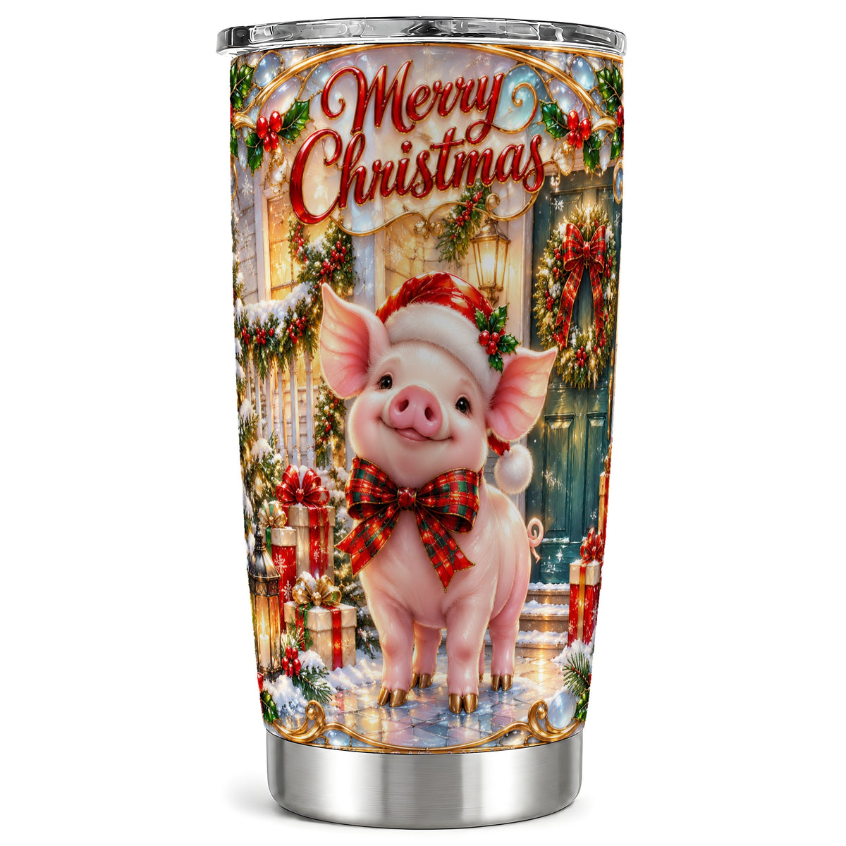 #pl[20oz|Steel] Christmas Pig Tumbler 20oz, Holiday Tumbler, Stainless Steel Travel Cup