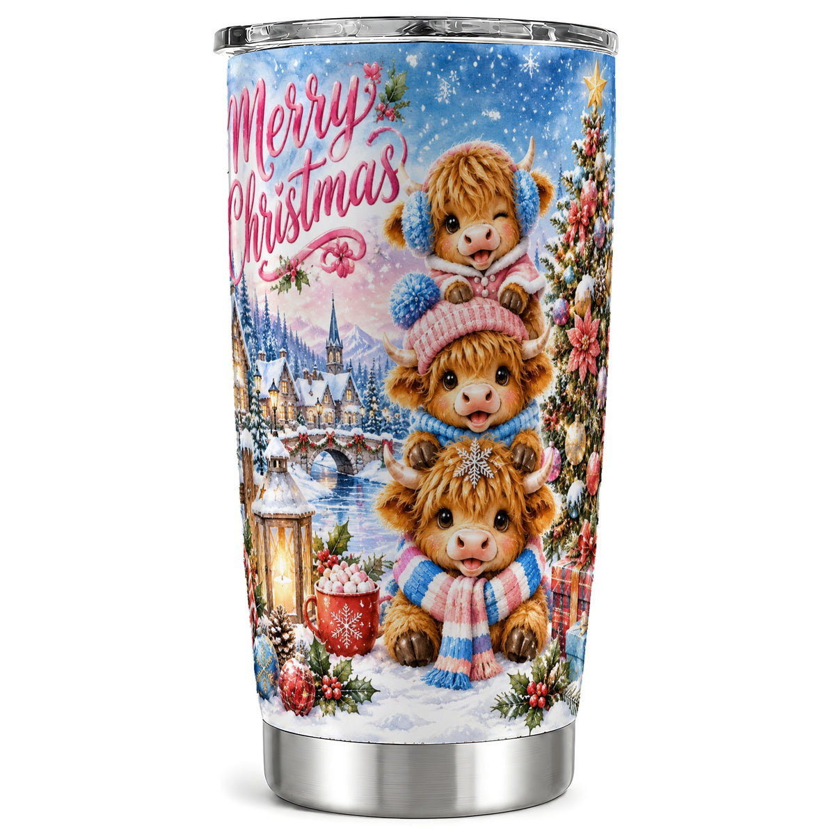 #pl[20oz|Steel] Christmas Cow Tumbler 20oz, Watercolor Tumbler, Stainless Steel Travel Cup