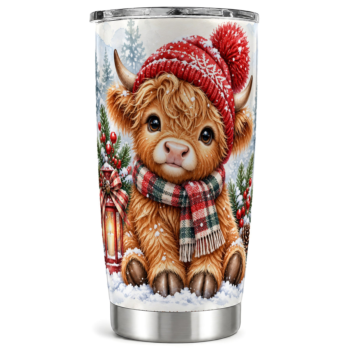 #pl[20oz|Steel] Watercolor Highland Cow Tumbler 20oz, Winter Stainless Steel Travel Cup