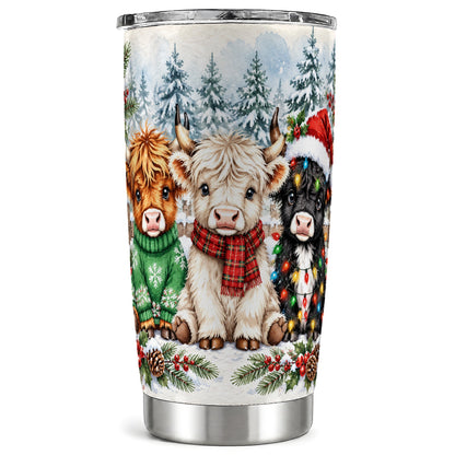 #pl[20oz|Steel] Christmas Highland Cattle Tumbler 20oz, Winter Stainless Steel Travel Cup