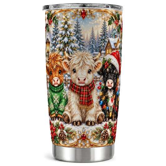 #pl[20oz|Steel] Jeweled Highland Cattle Tumbler 20oz, Winter Stainless Steel Travel Cup