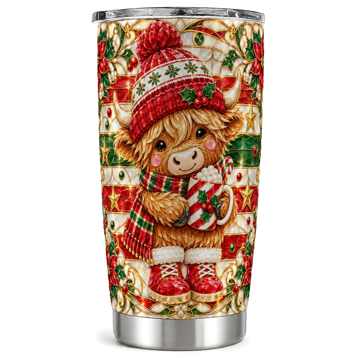 #pl[20oz|Steel] Holiday Cow Tumbler 20oz, Highland Cow Tumbler, Stained Glass Travel Cup
