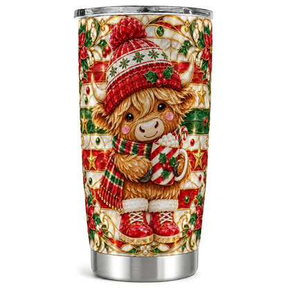 #pl[20oz|Steel] Holiday Cow Tumbler 20oz, Highland Cow Tumbler, Stained Glass Travel Cup