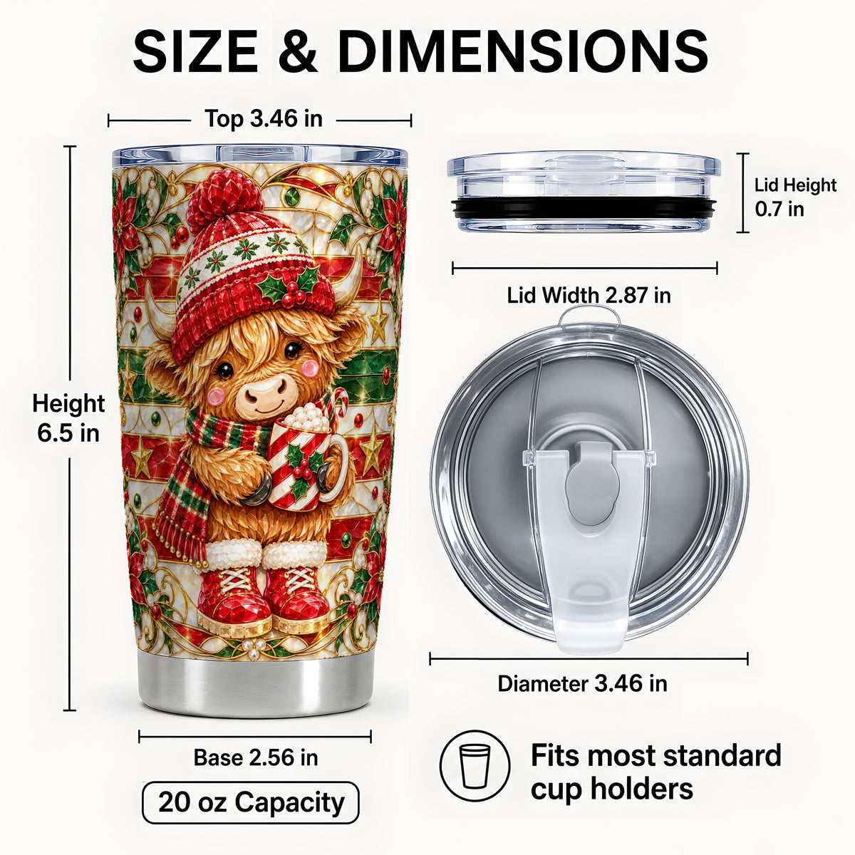#pl[20oz|Steel] Holiday Cow Tumbler 20oz, Highland Cow Tumbler, Stained Glass Travel Cup