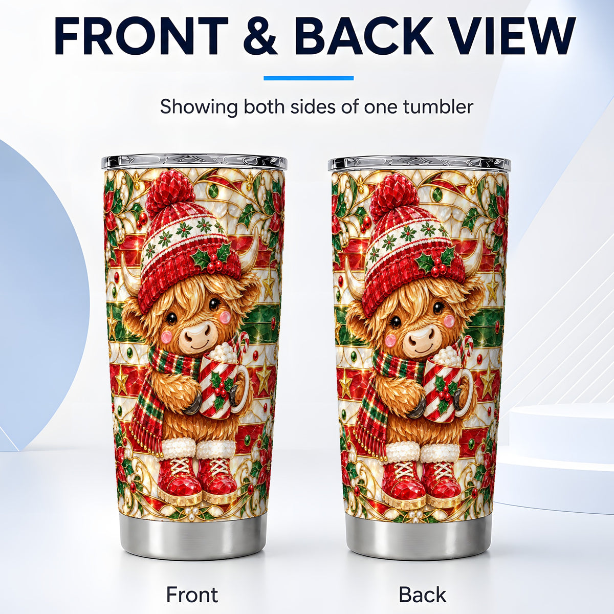 #pl[20oz|Steel] Holiday Cow Tumbler 20oz, Highland Cow Tumbler, Stained Glass Travel Cup