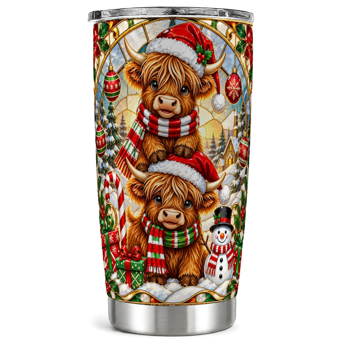 #pl[20oz|Steel] Holiday Cow Tumbler 20oz, Highland Cow Tumbler, Snowman Travel Cup