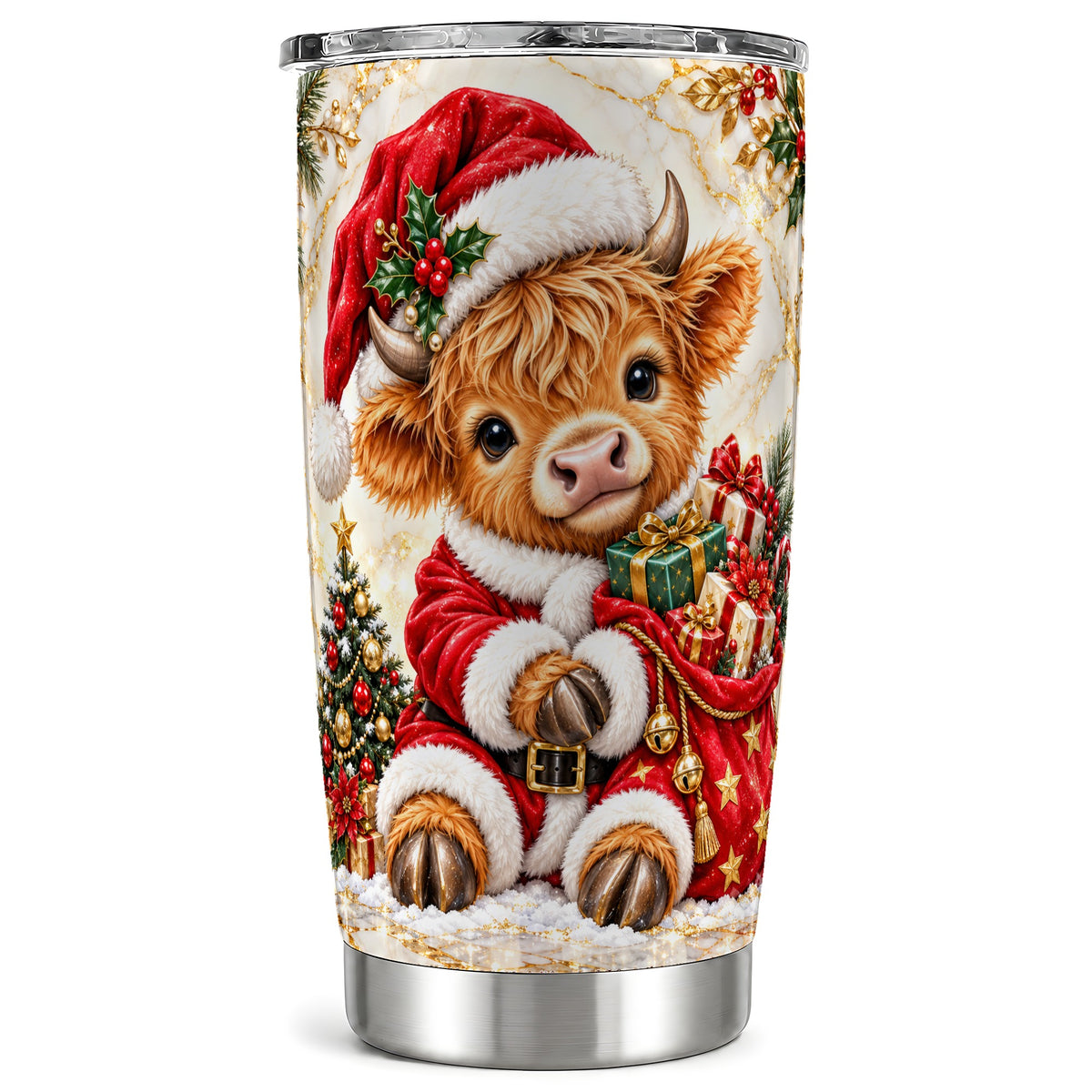 #pl[20oz|Steel] Santa Highland Cow Tumbler 20oz, Cow Tumbler, Stainless Steel Travel Cup