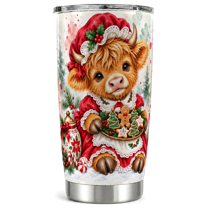 #pl[20oz|Steel] Watercolor Highland Cow Tumbler 20oz, Christmas Cow Travel Cup