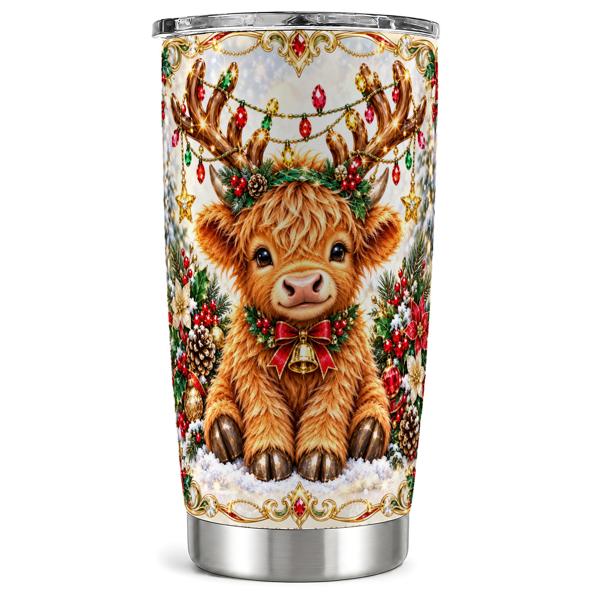 #pl[20oz|Steel] Christmas Highland Cow Tumbler 20oz, Reindeer Cow Travel Cup