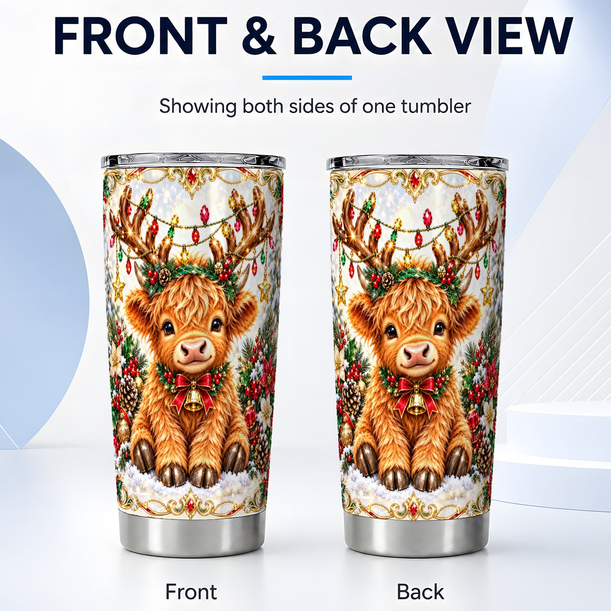 #pl[20oz|Steel] Christmas Highland Cow Tumbler 20oz, Reindeer Cow Travel Cup