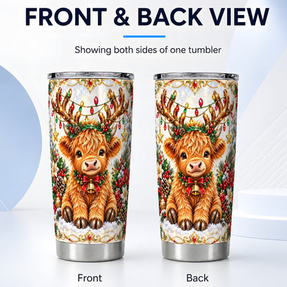 #pl[20oz|Steel] Christmas Highland Cow Tumbler 20oz, Reindeer Cow Travel Cup
