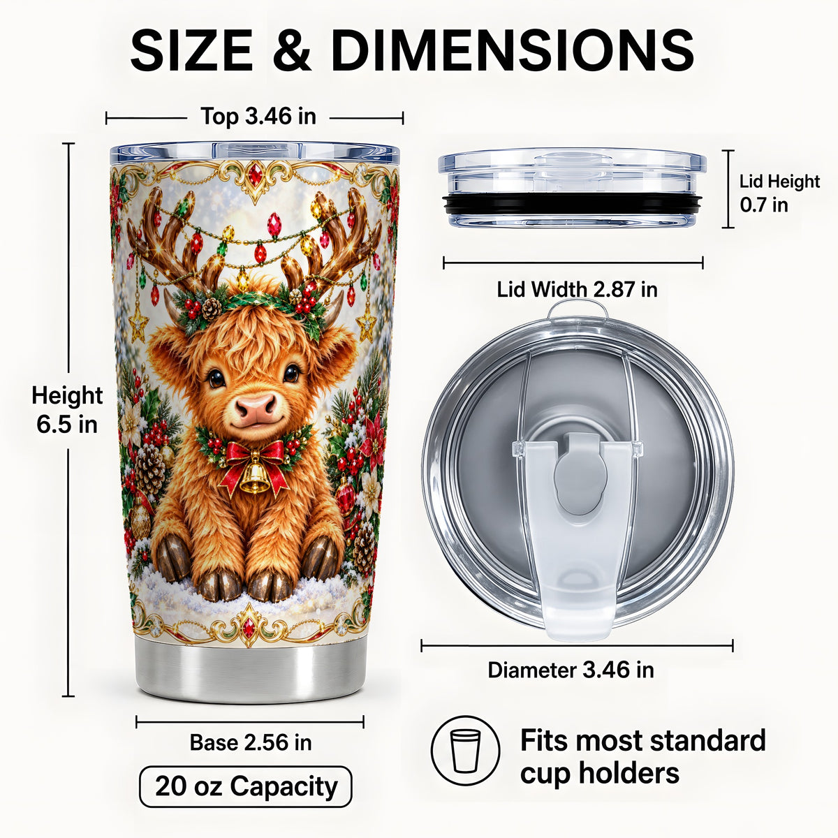 #pl[20oz|Steel] Christmas Highland Cow Tumbler 20oz, Reindeer Cow Travel Cup