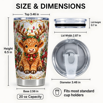 #pl[20oz|Steel] Christmas Highland Cow Tumbler 20oz, Reindeer Cow Travel Cup