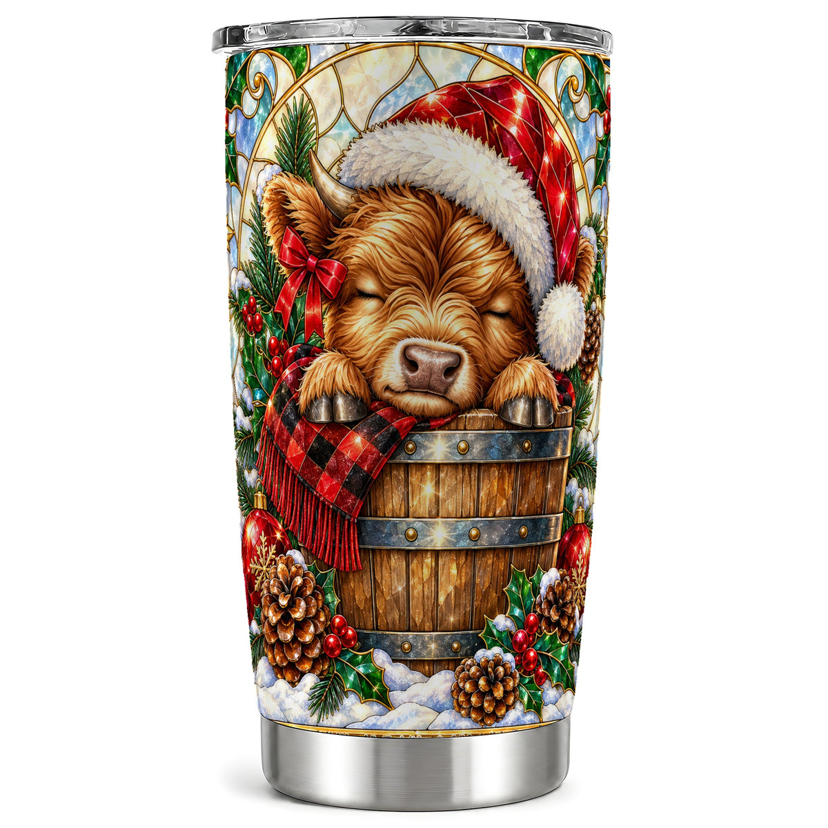 #pl[20oz|Steel] Stained Glass Cow 20oz Tumbler, Christmas Stainless Steel Travel Cup