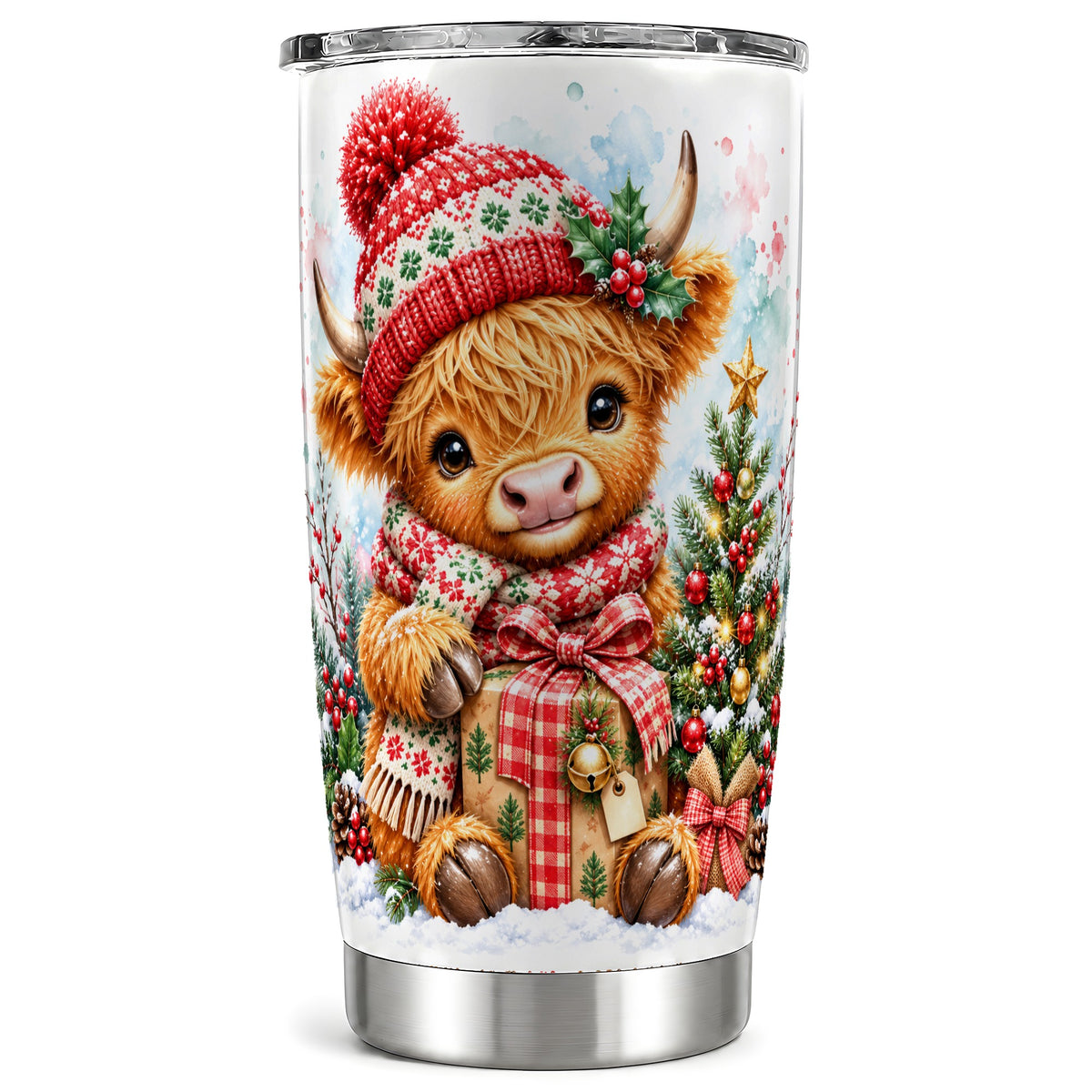 #pl[20oz|Steel] Watercolor Cow Tumbler 20oz, Christmas Tumbler, Stainless Steel Travel Cup