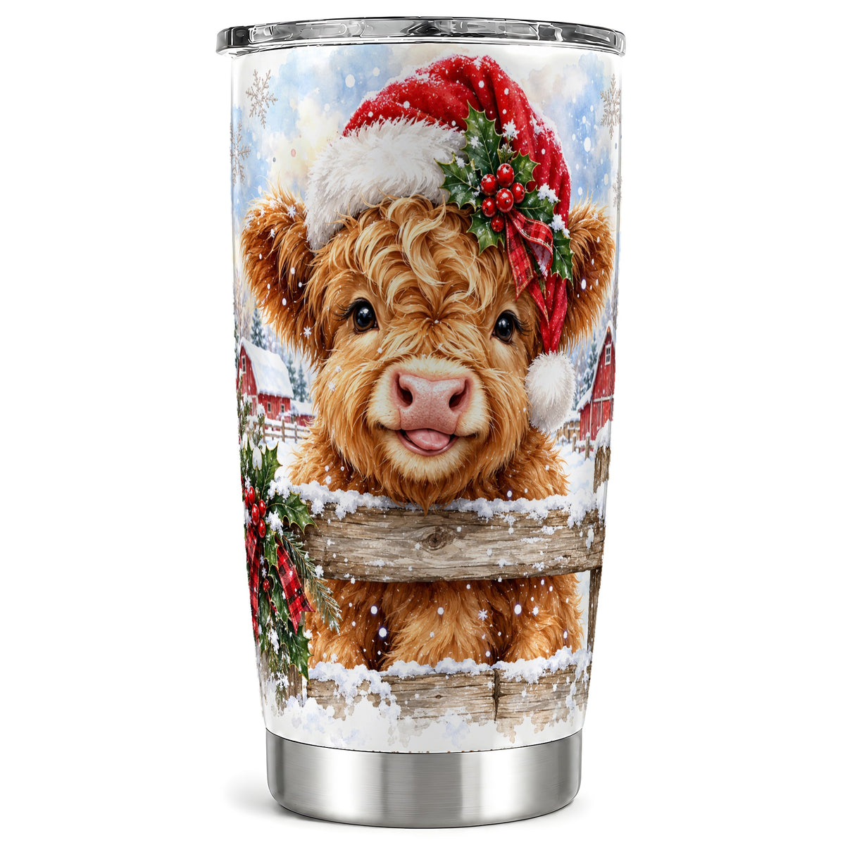 #pl[20oz|Steel] Christmas Cow Tumbler 20oz, Snowy Farm Tumbler, Stainless Steel Travel Cup