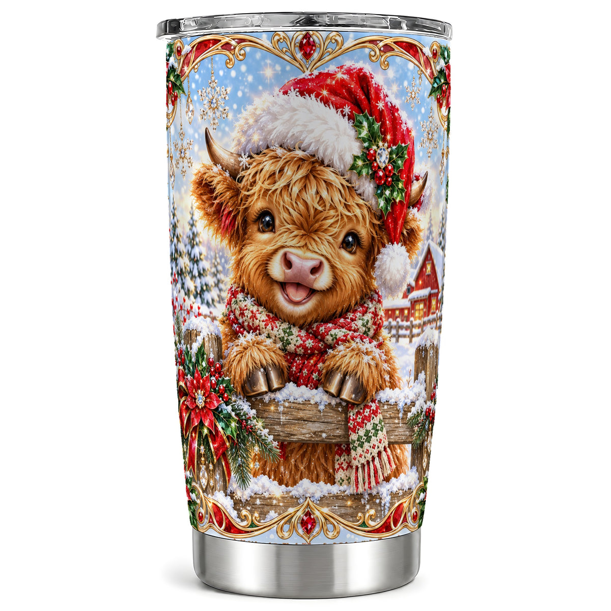 #pl[20oz|Steel] Christmas Cow Tumbler 20oz, Poinsettia Tumbler, Stainless Steel Travel Cup