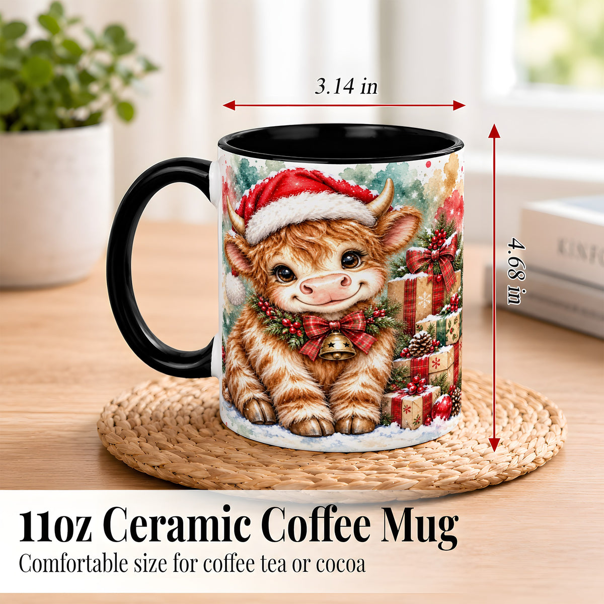 #pl[11oz|Black] Christmas Highland Cow Coffee Mug, Festive Cow Mug, Ceramic Cup