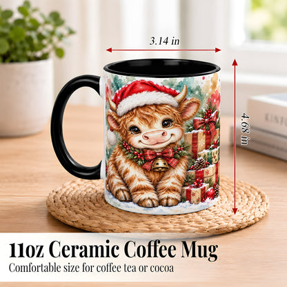 #pl[11oz|Black] Christmas Highland Cow Coffee Mug, Festive Cow Mug, Ceramic Cup