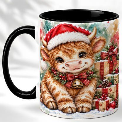 #pl[11oz|Black] Christmas Highland Cow Coffee Mug, Festive Cow Mug, Ceramic Cup