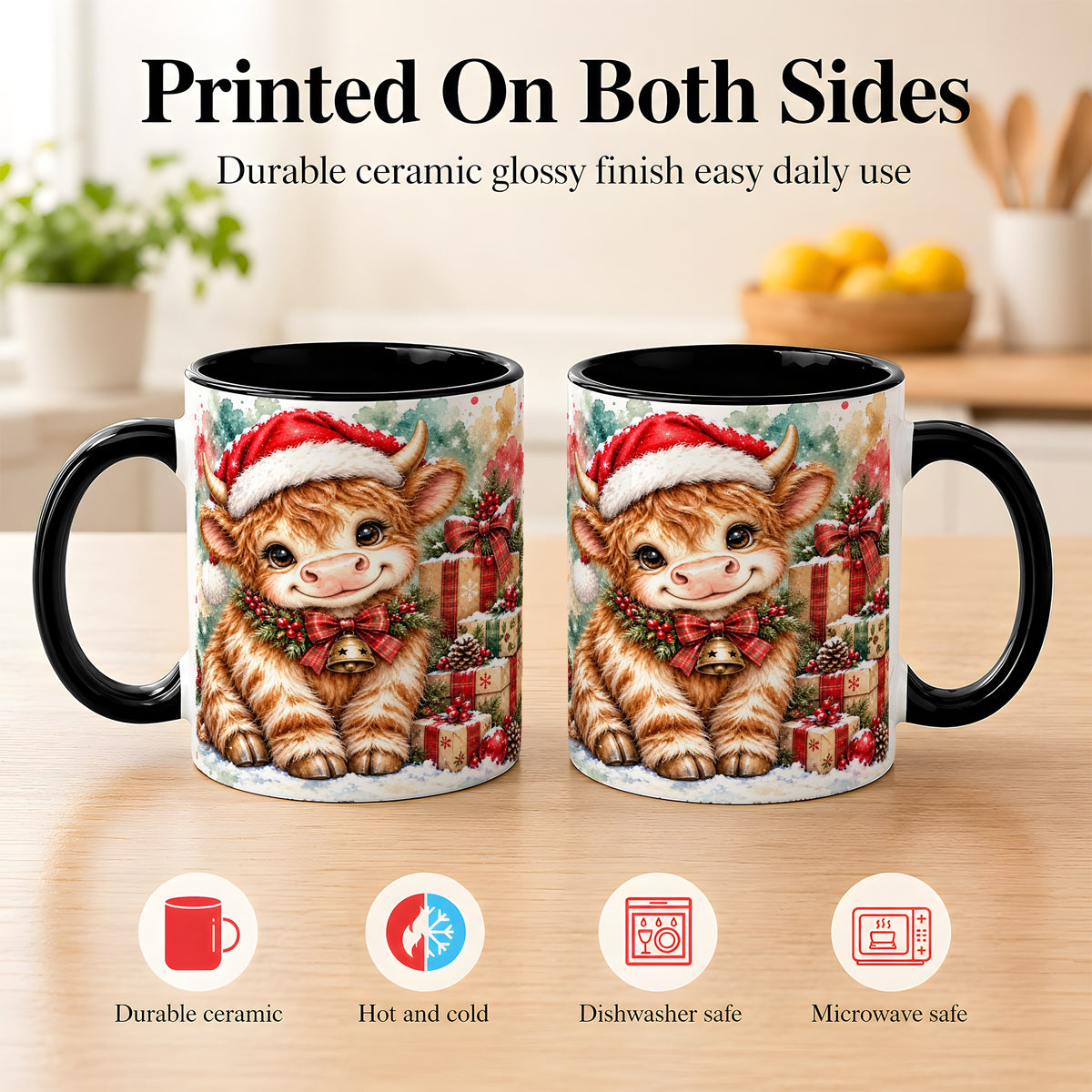 #pl[11oz|Black] Christmas Highland Cow Coffee Mug, Festive Cow Mug, Ceramic Cup
