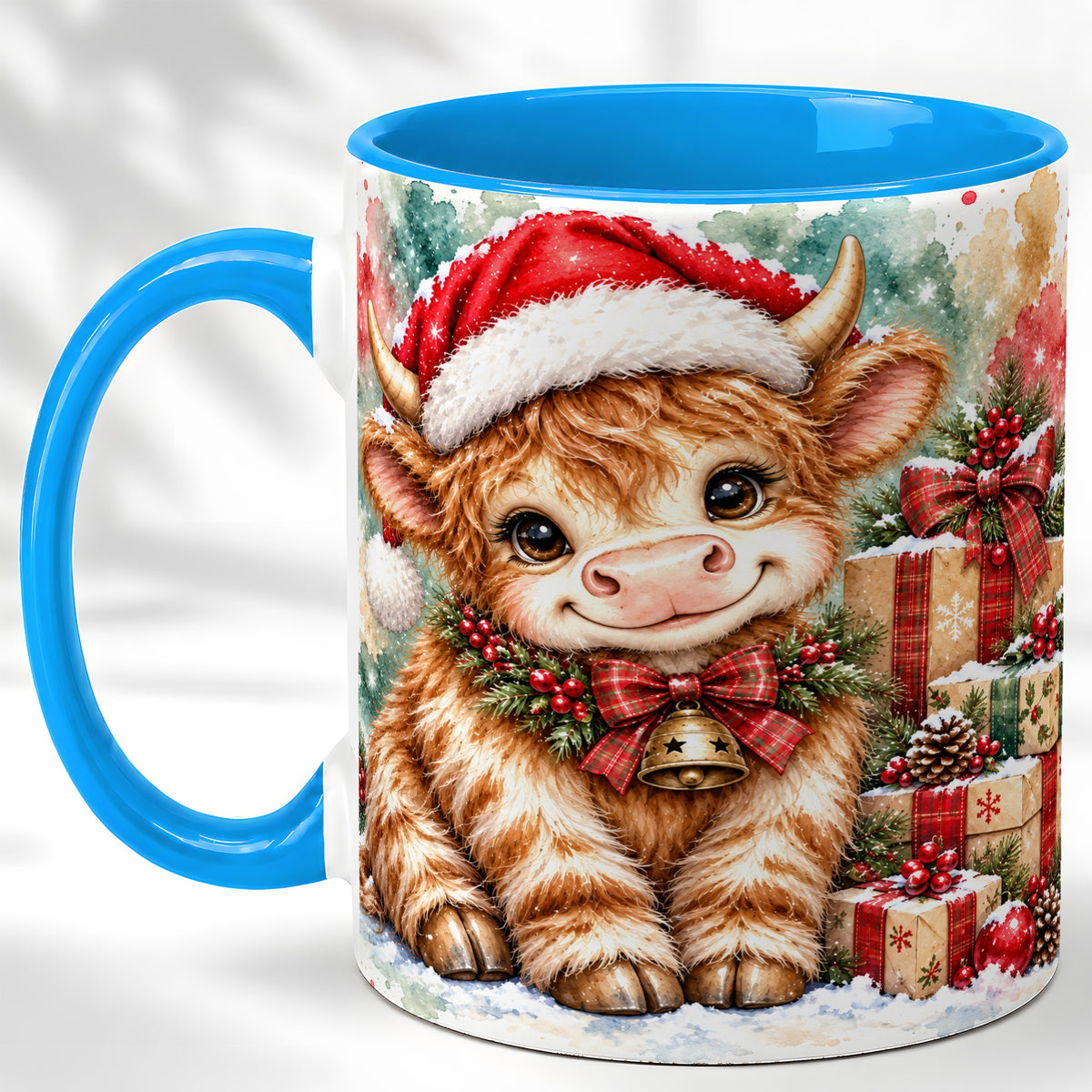 #pl[11oz|Blue] Christmas Highland Cow Coffee Mug, Festive Cow Mug, Ceramic Cup