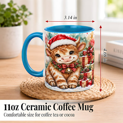 #pl[11oz|Blue] Christmas Highland Cow Coffee Mug, Festive Cow Mug, Ceramic Cup