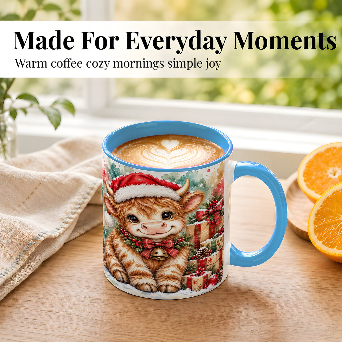 #pl[11oz|Blue] Christmas Highland Cow Coffee Mug, Festive Cow Mug, Ceramic Cup