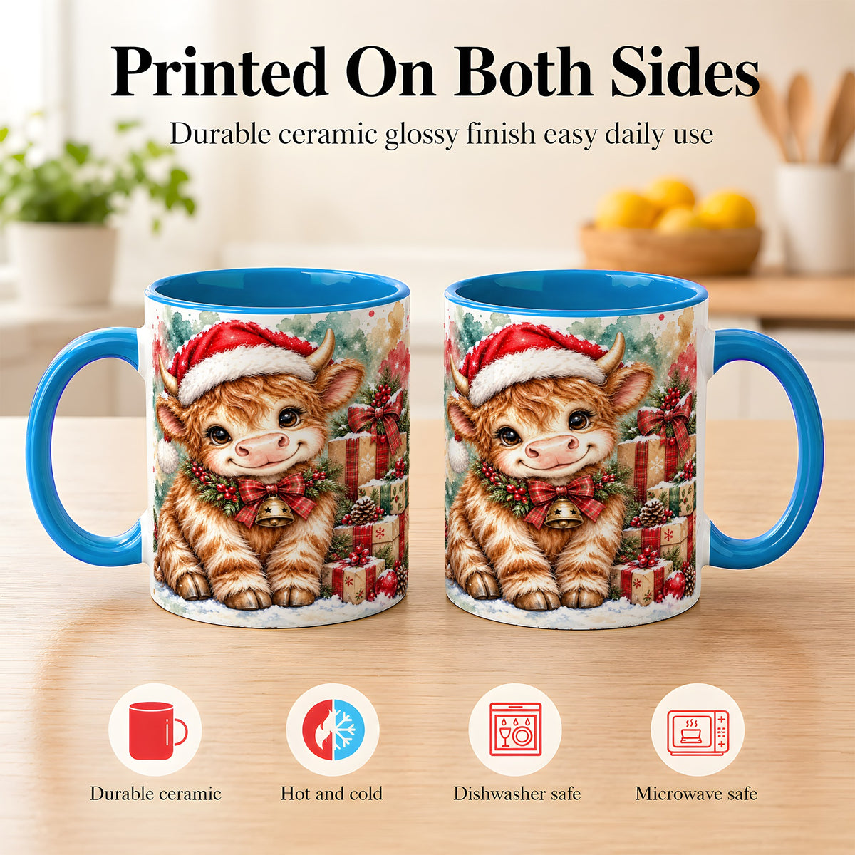 #pl[11oz|Blue] Christmas Highland Cow Coffee Mug, Festive Cow Mug, Ceramic Cup