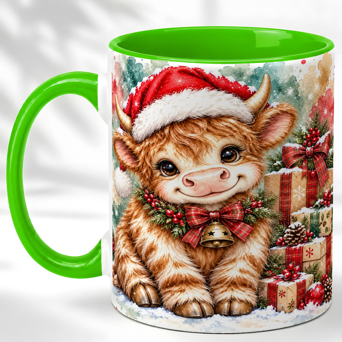 #pl[11oz|Green] Christmas Highland Cow Coffee Mug, Festive Cow Mug, Ceramic Cup