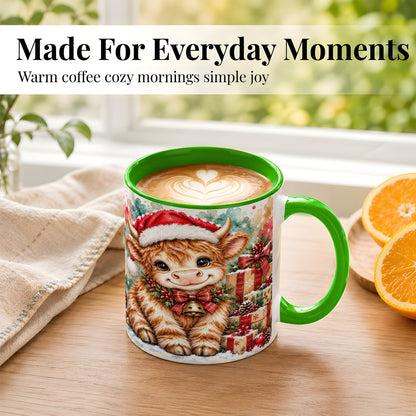 #pl[11oz|Green] Christmas Highland Cow Coffee Mug, Festive Cow Mug, Ceramic Cup