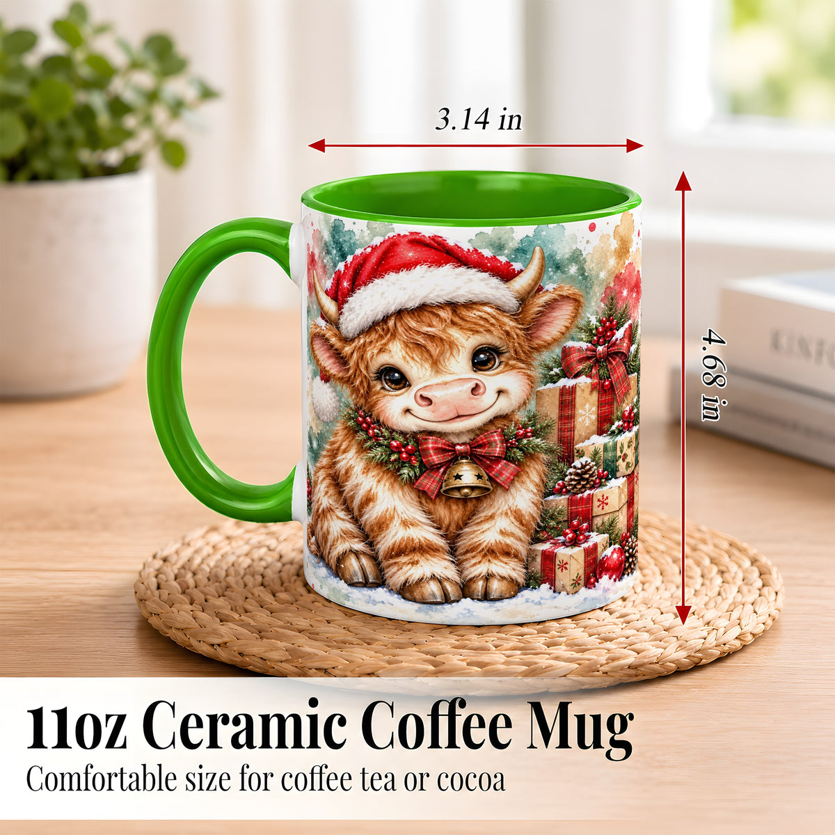 #pl[11oz|Green] Christmas Highland Cow Coffee Mug, Festive Cow Mug, Ceramic Cup