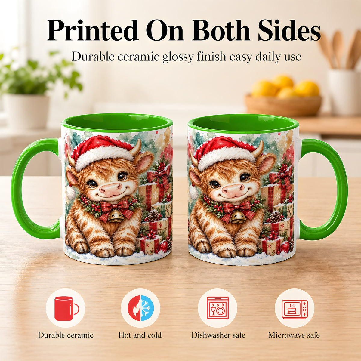#pl[11oz|Green] Christmas Highland Cow Coffee Mug, Festive Cow Mug, Ceramic Cup