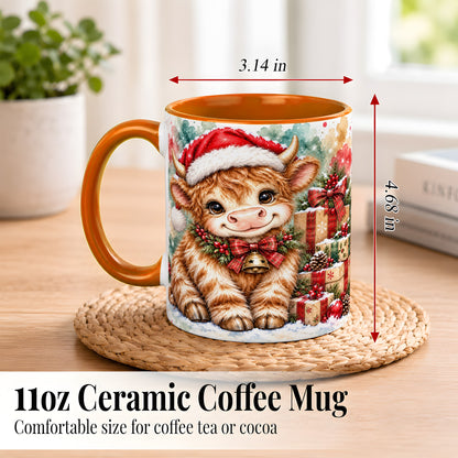 #pl[11oz|Orange] Christmas Highland Cow Coffee Mug, Festive Cow Mug, Ceramic Cup