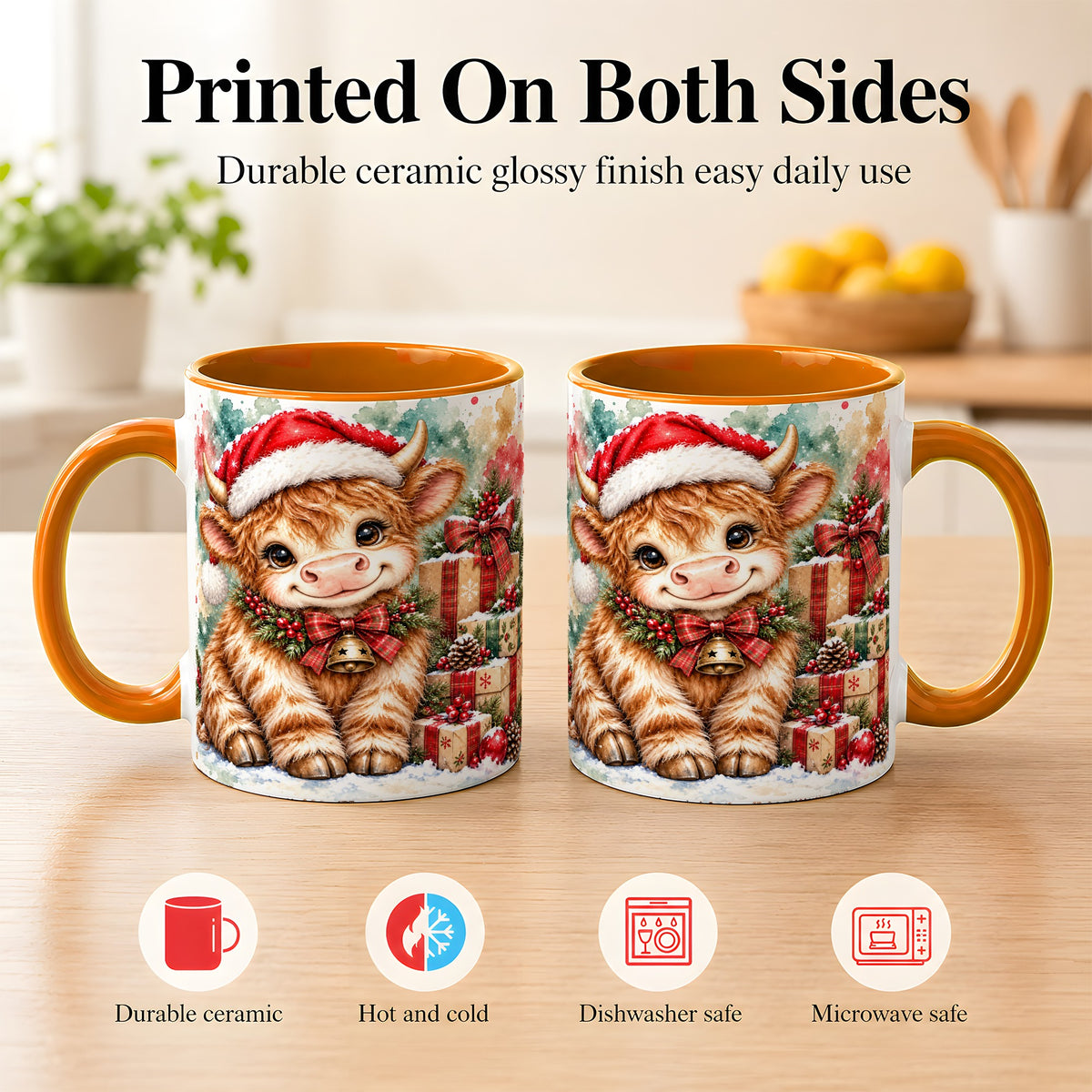 #pl[11oz|Orange] Christmas Highland Cow Coffee Mug, Festive Cow Mug, Ceramic Cup