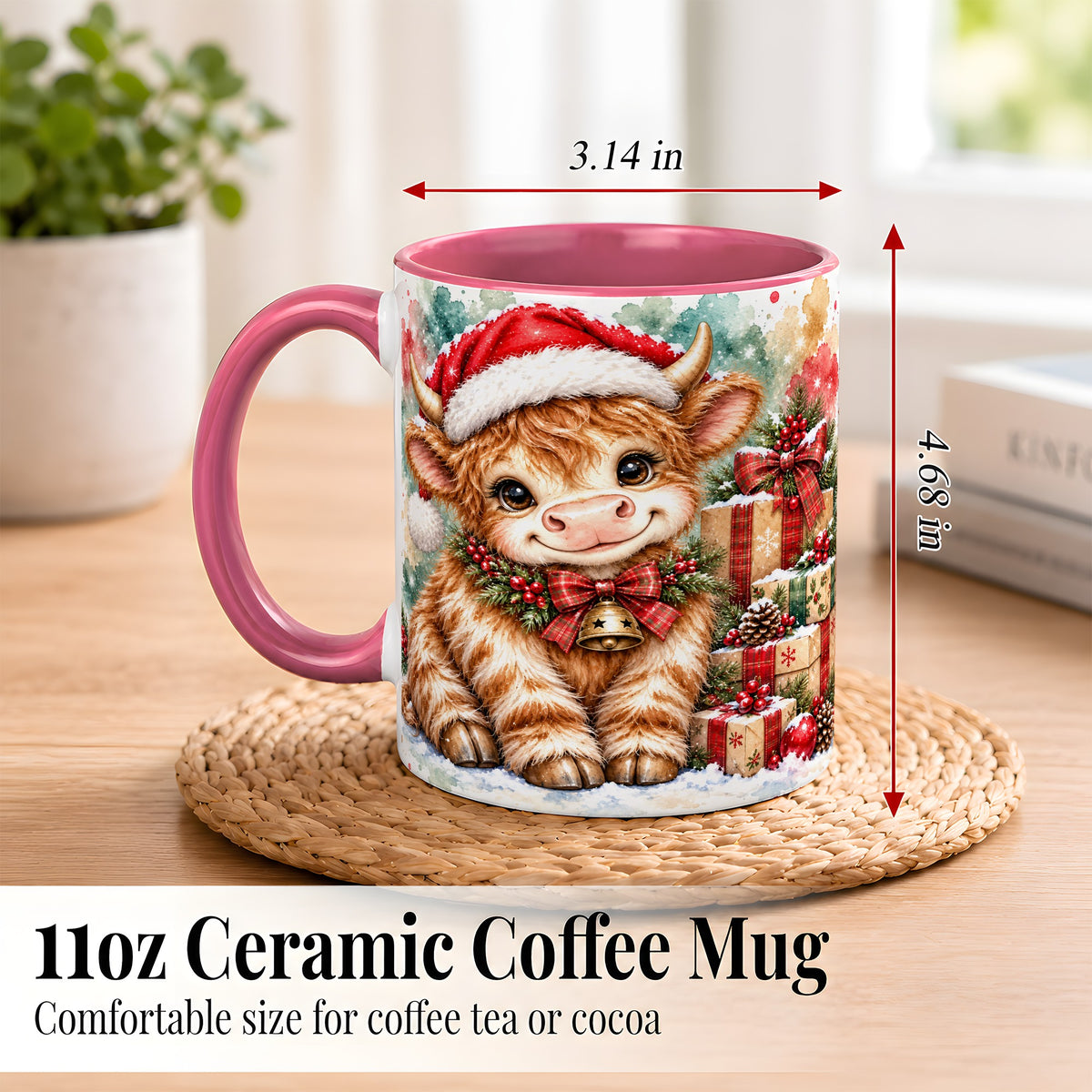#pl[11oz|Pink] Christmas Highland Cow Coffee Mug, Festive Cow Mug, Ceramic Cup
