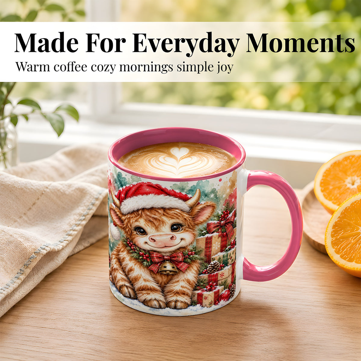 #pl[11oz|Pink] Christmas Highland Cow Coffee Mug, Festive Cow Mug, Ceramic Cup