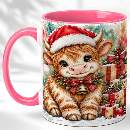 #pl[11oz|Pink] Christmas Highland Cow Coffee Mug, Festive Cow Mug, Ceramic Cup
