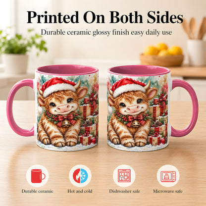 #pl[11oz|Pink] Christmas Highland Cow Coffee Mug, Festive Cow Mug, Ceramic Cup